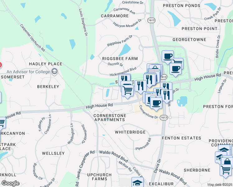 map of restaurants, bars, coffee shops, grocery stores, and more near 509 Santorini Drive in Cary