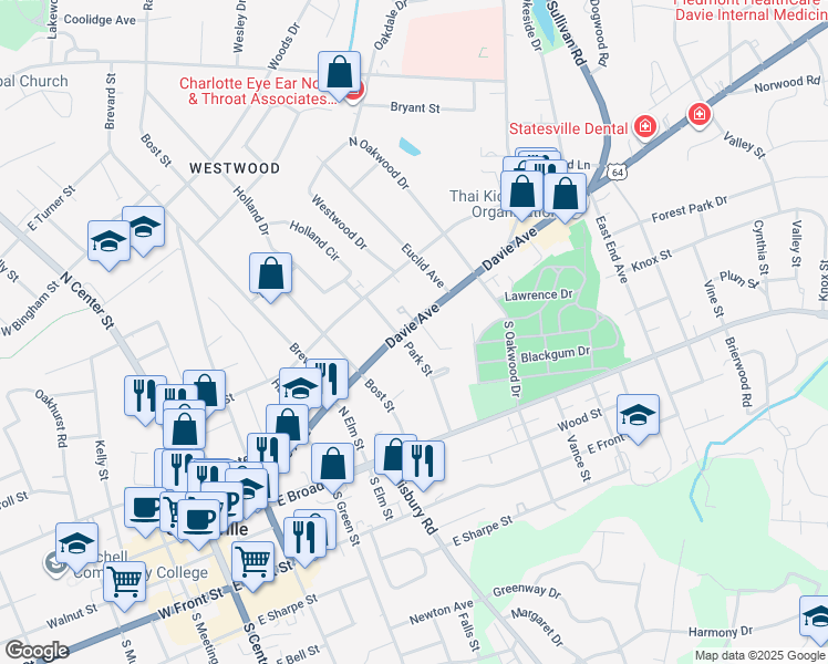 map of restaurants, bars, coffee shops, grocery stores, and more near 627 Davie Avenue in Statesville