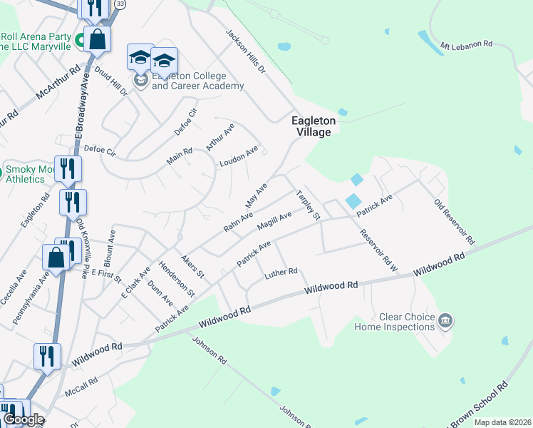 map of restaurants, bars, coffee shops, grocery stores, and more near 2635 Rahn Avenue in Maryville