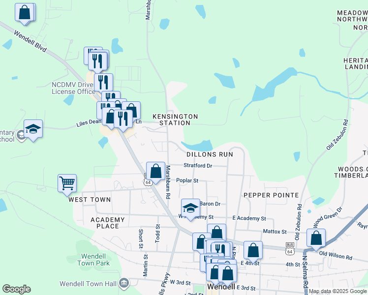 map of restaurants, bars, coffee shops, grocery stores, and more near 134 Blakeford Drive in Wendell