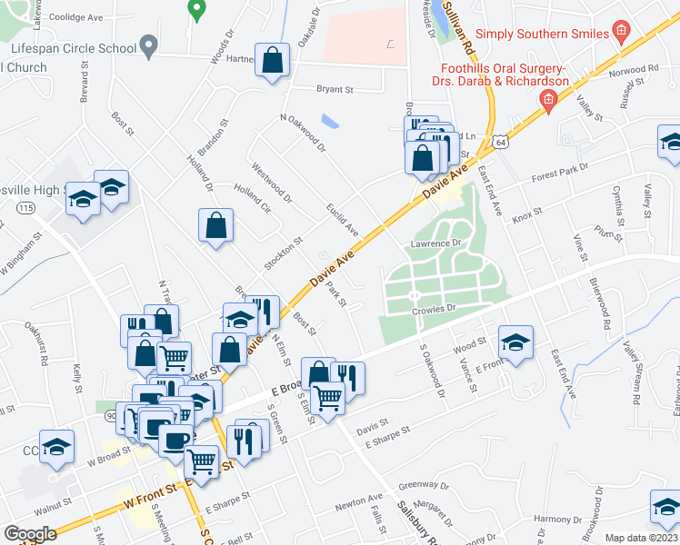 map of restaurants, bars, coffee shops, grocery stores, and more near 614 Davie Avenue in Statesville
