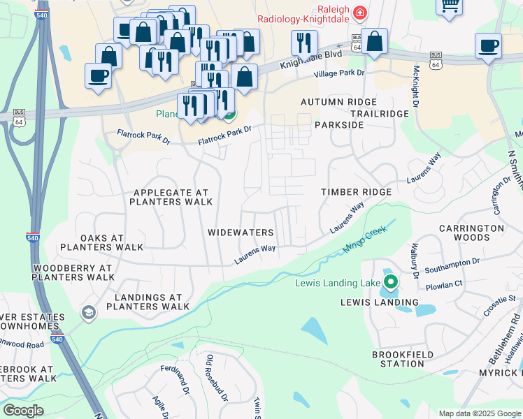 map of restaurants, bars, coffee shops, grocery stores, and more near 622 Twain Town Drive in Knightdale