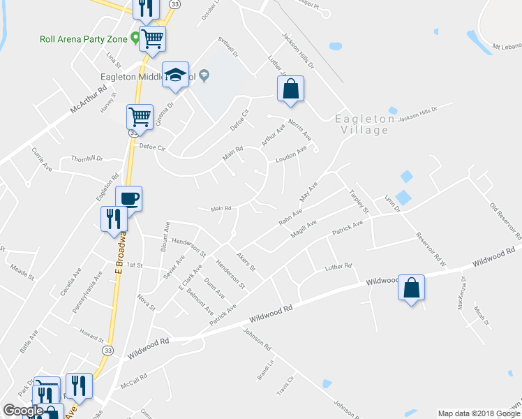 map of restaurants, bars, coffee shops, grocery stores, and more near 112 James Avenue in Maryville