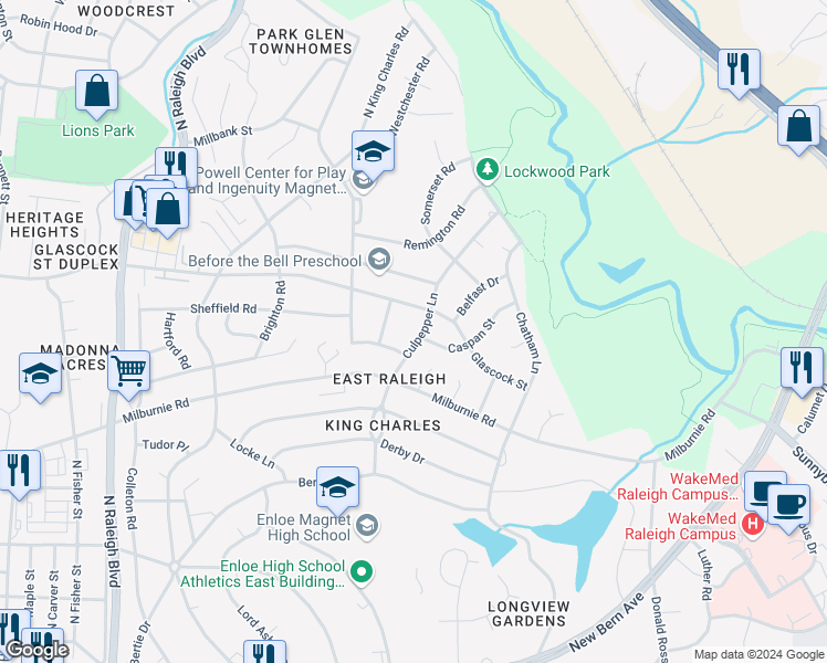 map of restaurants, bars, coffee shops, grocery stores, and more near 911 Culpepper Lane in Raleigh