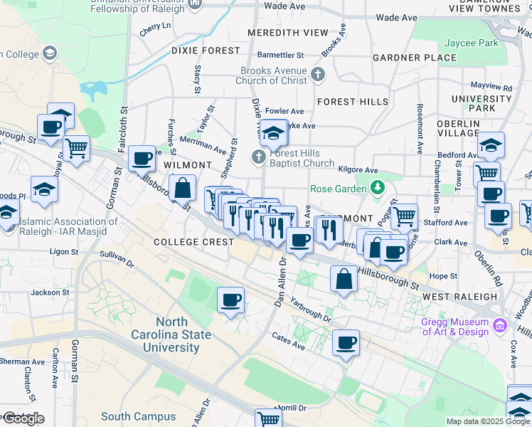 map of restaurants, bars, coffee shops, grocery stores, and more near 16 Dixie Trail in Raleigh