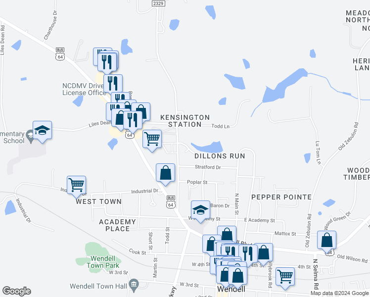 map of restaurants, bars, coffee shops, grocery stores, and more near 721 Alberta Court in Wendell