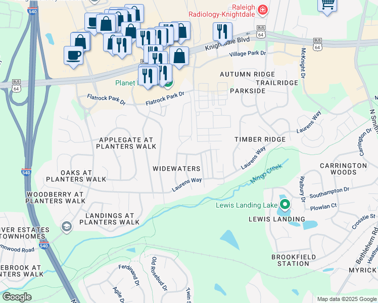 map of restaurants, bars, coffee shops, grocery stores, and more near 624 Twain Town Drive in Knightdale