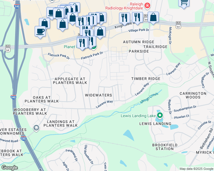 map of restaurants, bars, coffee shops, grocery stores, and more near 622 Twain Town Drive in Knightdale