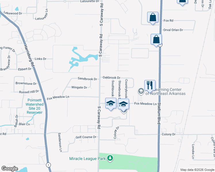 map of restaurants, bars, coffee shops, grocery stores, and more near 4303 Timberlake Cove in Jonesboro