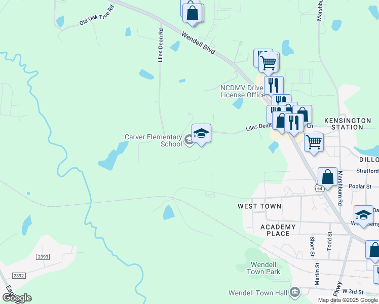 map of restaurants, bars, coffee shops, grocery stores, and more near 291 Liles Dean Road in Wendell