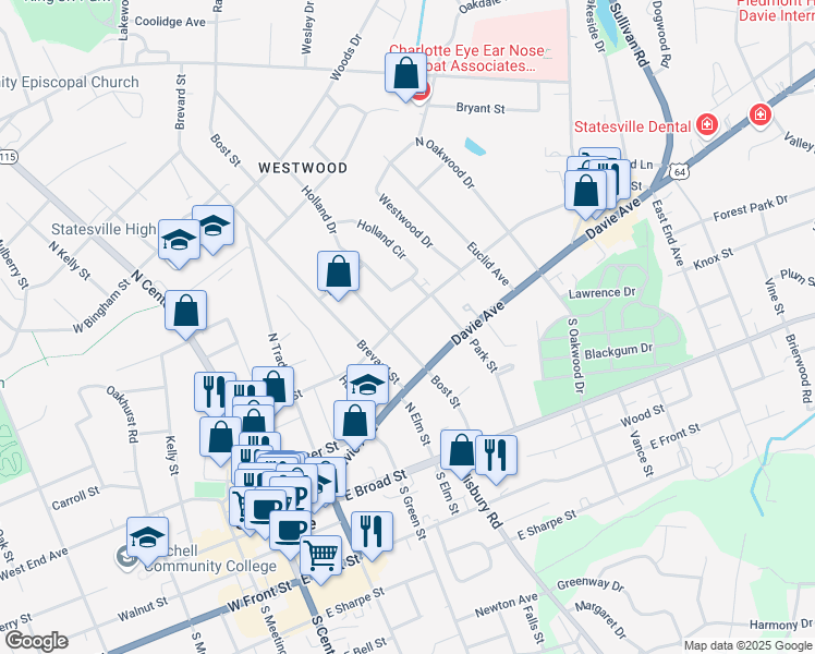map of restaurants, bars, coffee shops, grocery stores, and more near 504 Stockton Street in Statesville