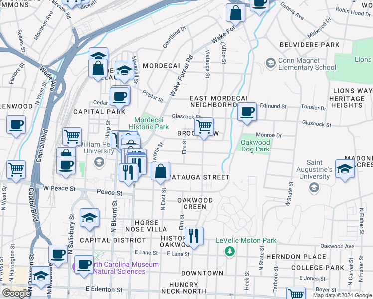 map of restaurants, bars, coffee shops, grocery stores, and more near 601 Holden Street in Raleigh