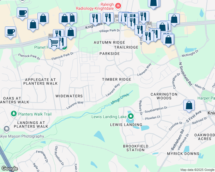 map of restaurants, bars, coffee shops, grocery stores, and more near 102 Lake Bridge Court in Knightdale