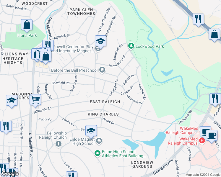 map of restaurants, bars, coffee shops, grocery stores, and more near 911 Culpepper Lane in Raleigh