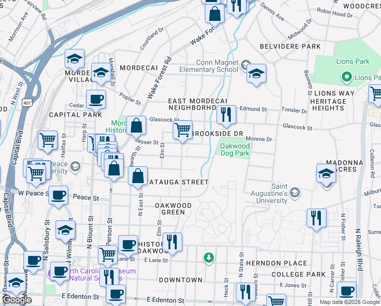 map of restaurants, bars, coffee shops, grocery stores, and more near 725 Sasser Street in Raleigh