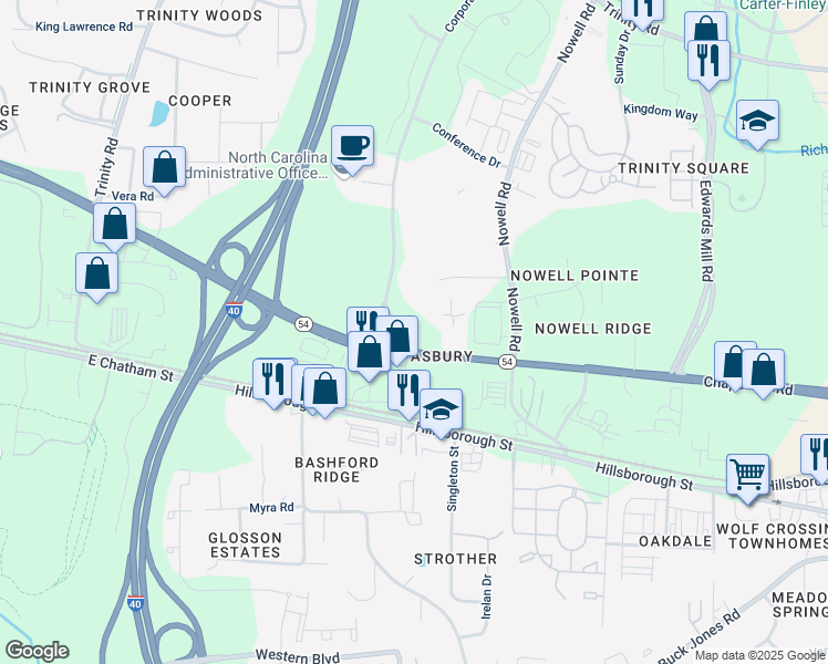 map of restaurants, bars, coffee shops, grocery stores, and more near 710 Corporate Center Drive in Raleigh