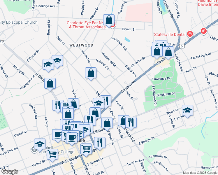 map of restaurants, bars, coffee shops, grocery stores, and more near 525 Stockton Street in Statesville