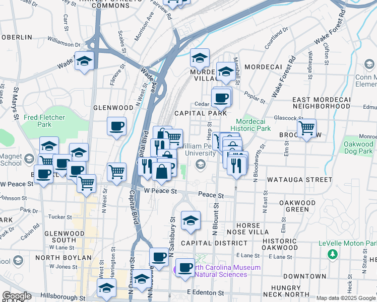 map of restaurants, bars, coffee shops, grocery stores, and more near 1015 Halifax Street in Raleigh