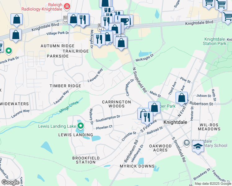 map of restaurants, bars, coffee shops, grocery stores, and more near 110 Brookfield Drive in Knightdale