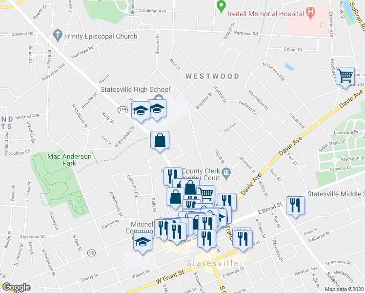 map of restaurants, bars, coffee shops, grocery stores, and more near 416 Clark Street in Statesville