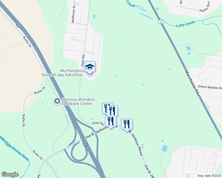 map of restaurants, bars, coffee shops, grocery stores, and more near 1525 Distribution Drive in Murfreesboro
