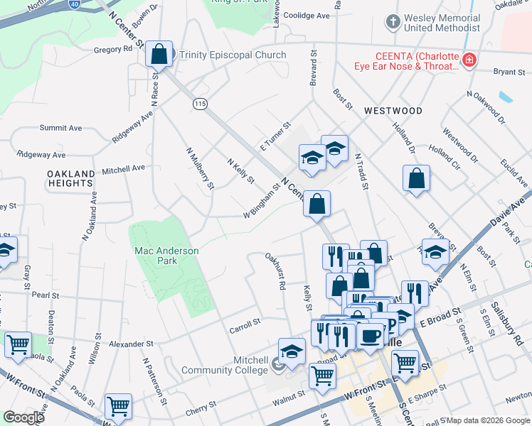 map of restaurants, bars, coffee shops, grocery stores, and more near 208 West Bingham Street in Statesville