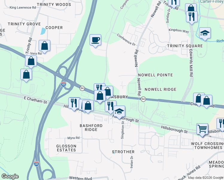 map of restaurants, bars, coffee shops, grocery stores, and more near 710 Corporate Center Drive in Raleigh