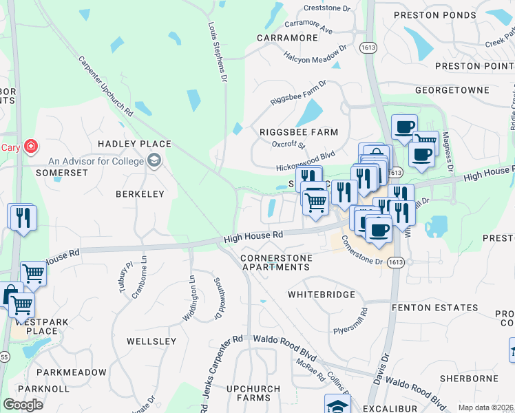 map of restaurants, bars, coffee shops, grocery stores, and more near 103 Sunstone Drive in Cary