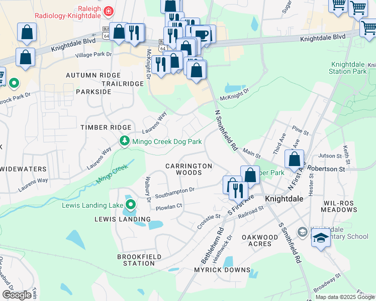 map of restaurants, bars, coffee shops, grocery stores, and more near 607 Luxury Lane in Knightdale