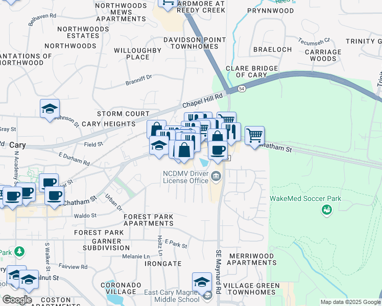 map of restaurants, bars, coffee shops, grocery stores, and more near 746 East Chatham Street in Cary