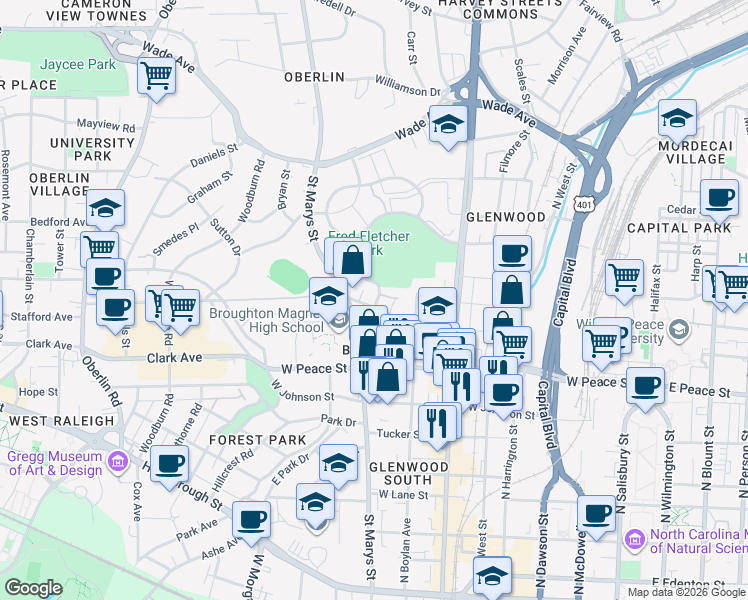 map of restaurants, bars, coffee shops, grocery stores, and more near 815 Clay Street in Raleigh