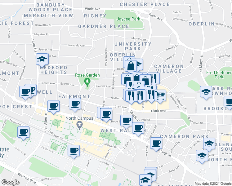map of restaurants, bars, coffee shops, grocery stores, and more near 2305 Everett Avenue in Raleigh