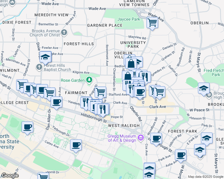 map of restaurants, bars, coffee shops, grocery stores, and more near 2409 Everett Avenue in Raleigh