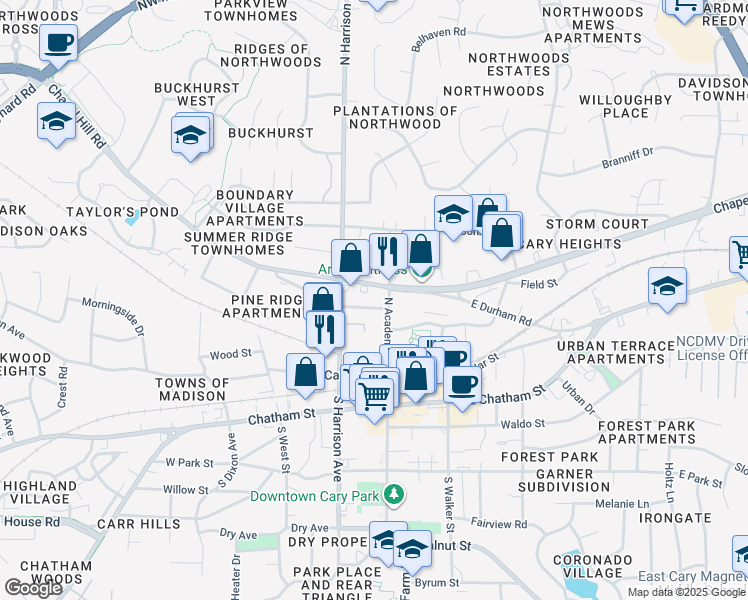 map of restaurants, bars, coffee shops, grocery stores, and more near in Cary