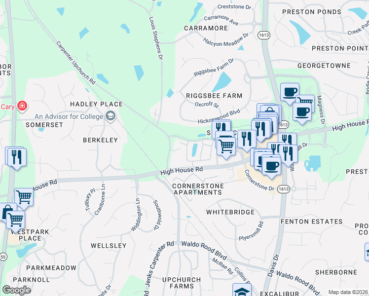 map of restaurants, bars, coffee shops, grocery stores, and more near 103 Sunstone Drive in Cary
