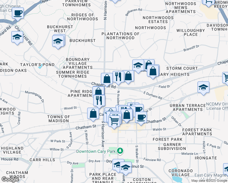 map of restaurants, bars, coffee shops, grocery stores, and more near in Cary