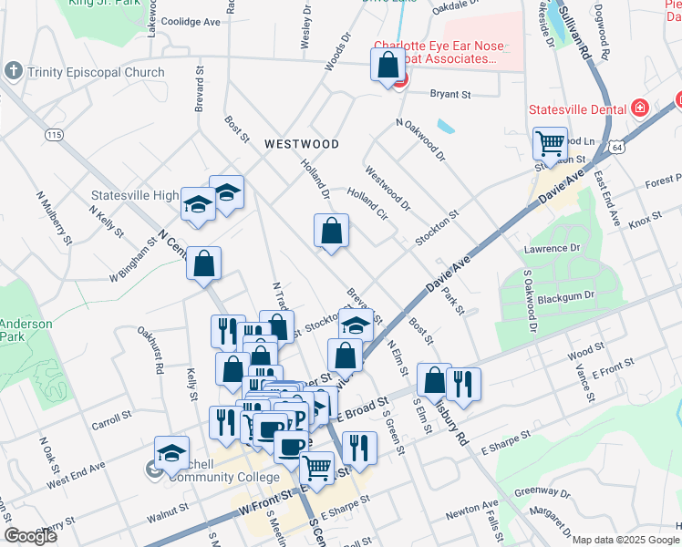 map of restaurants, bars, coffee shops, grocery stores, and more near 330 Brevard Street in Statesville