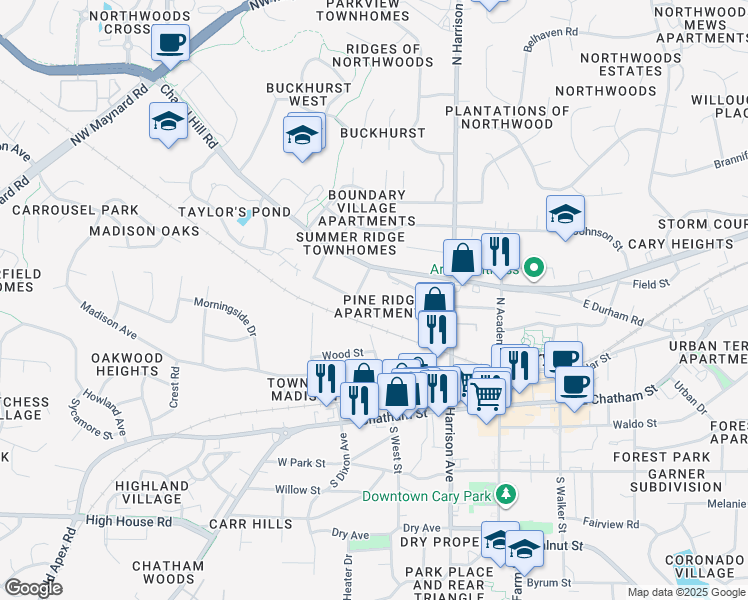 map of restaurants, bars, coffee shops, grocery stores, and more near 404-B Lynn Court in Cary