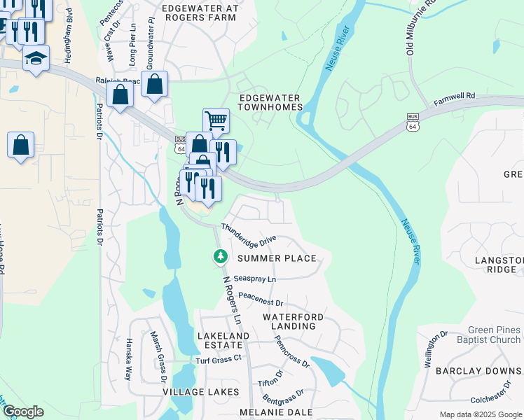 map of restaurants, bars, coffee shops, grocery stores, and more near 1020 River Shadow Court in Raleigh