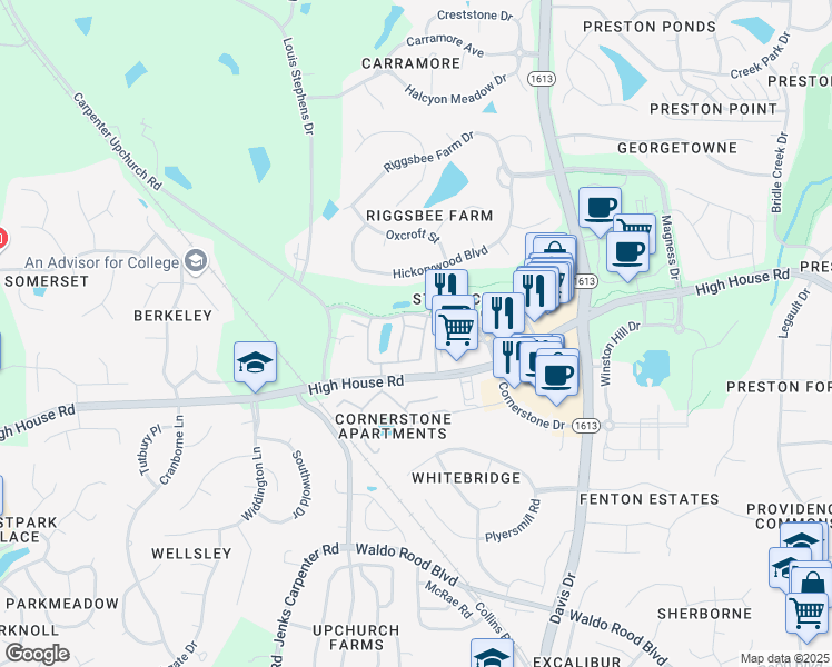 map of restaurants, bars, coffee shops, grocery stores, and more near 508 Santorini Drive in Cary