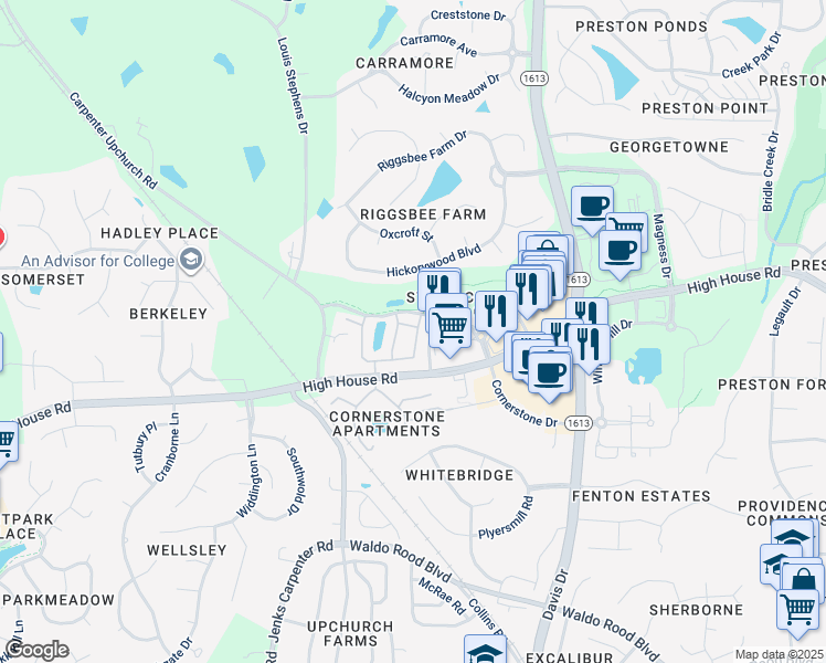 map of restaurants, bars, coffee shops, grocery stores, and more near 510 Santorini Drive in Cary