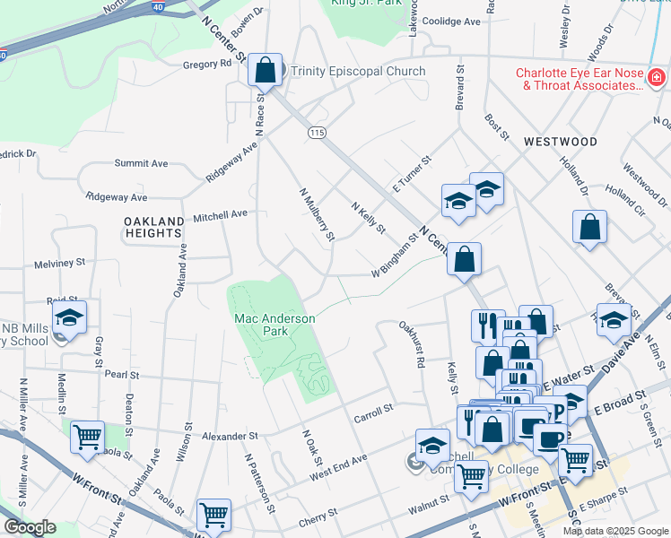 map of restaurants, bars, coffee shops, grocery stores, and more near 536 North Mulberry Street in Statesville