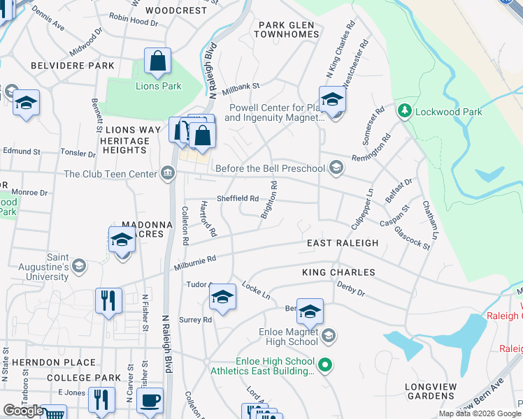 map of restaurants, bars, coffee shops, grocery stores, and more near 2236 Sheffield Road in Raleigh