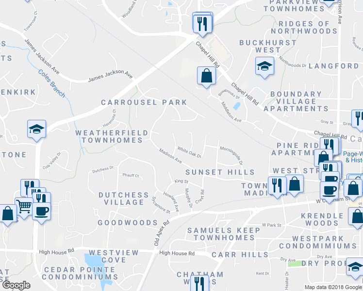 map of restaurants, bars, coffee shops, grocery stores, and more near 716 White Oak Drive in Cary