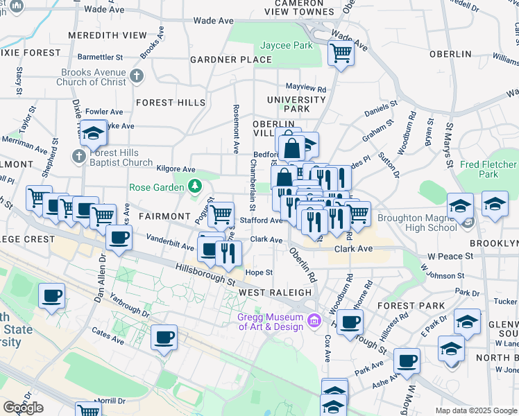 map of restaurants, bars, coffee shops, grocery stores, and more near 2305 Everett Avenue in Raleigh