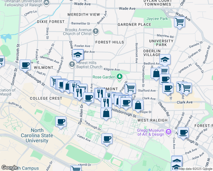 map of restaurants, bars, coffee shops, grocery stores, and more near 2708 Clark Avenue in Raleigh