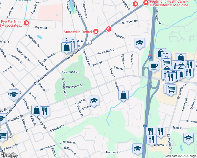 map of restaurants, bars, coffee shops, grocery stores, and more near 104 East End Avenue in Statesville