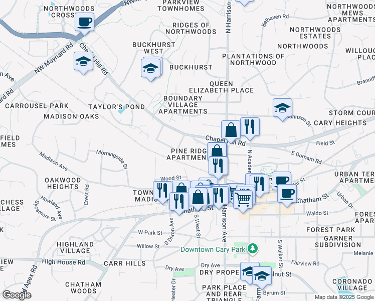 map of restaurants, bars, coffee shops, grocery stores, and more near 404-B Lynn Court in Cary