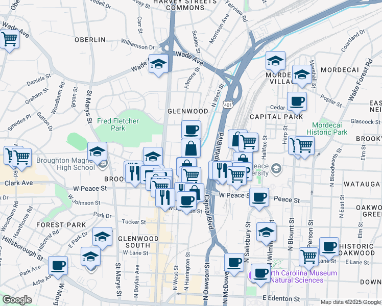 map of restaurants, bars, coffee shops, grocery stores, and more near 501 Cleveland Street in Raleigh