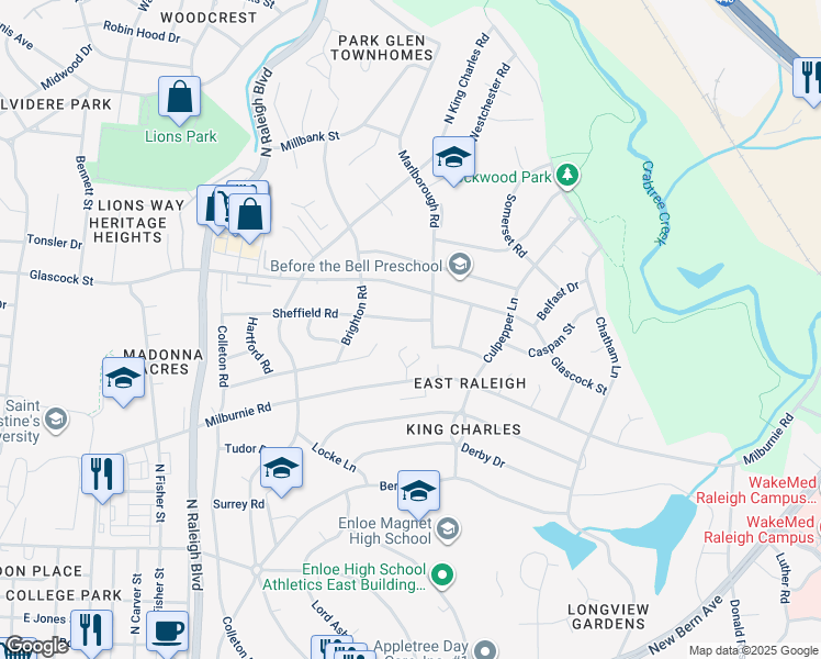 map of restaurants, bars, coffee shops, grocery stores, and more near 2324 Sheffield Road in Raleigh